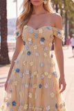 Robe midi en tulle rouge à épaules dénudées, ligne A, avec des appliques