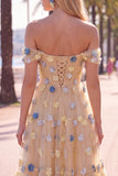 Robe midi en tulle rouge à épaules dénudées, ligne A, avec des appliques
