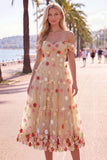 Robe midi en tulle rouge à épaules dénudées, ligne A, avec des appliques