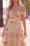 Robe midi en tulle rouge à épaules dénudées, ligne A, avec des appliques