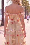 Robe midi en tulle rouge à épaules dénudées, ligne A, avec des appliques