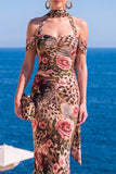Robe Maxi à fleurs en velours vert sirène à col nu plissé