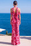Robe Maxi à fleurs en velours vert sirène à col nu plissé