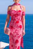 Robe Maxi à fleurs en velours vert sirène à col nu plissé