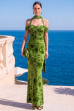 Robe Maxi à fleurs en velours vert sirène à col nu plissé