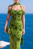 Robe Maxi à fleurs en velours vert sirène à col nu plissé