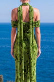 Robe Maxi à fleurs en velours vert sirène à col nu plissé