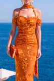 Robe Maxi à fleurs en velours vert sirène à col nu plissé