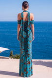 Robe Maxi à fleurs en velours vert sirène à col nu plissé