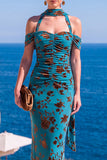 Robe Maxi à fleurs en velours vert sirène à col nu plissé
