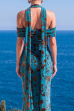 Robe Maxi à fleurs en velours vert sirène à col nu plissé