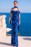 Robe Maxi à fleurs en velours vert sirène à col nu plissé