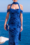 Robe Maxi à fleurs en velours vert sirène à col nu plissé