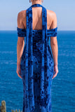 Robe Maxi à fleurs en velours vert sirène à col nu plissé