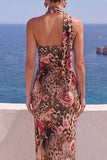 Robe maxi à fleurs sirène orange à une épaule