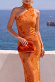 Robe maxi à fleurs sirène orange à une épaule