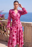 Robe midi fleurie asymétrique à manches longues en velours en A-Line à col en V