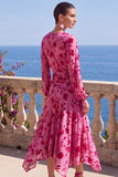 Robe midi fleurie asymétrique à manches longues en velours en A-Line à col en V