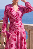 Robe midi fleurie asymétrique à manches longues en velours en A-Line à col en V