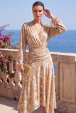 Robe midi fleurie asymétrique à manches longues en velours en A-Line à col en V