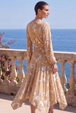Robe midi fleurie asymétrique à manches longues en velours en A-Line à col en V
