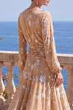 Robe midi fleurie asymétrique à manches longues en velours en A-Line à col en V