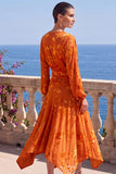 Robe midi fleurie asymétrique à manches longues en velours en A-Line à col en V