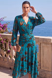 Robe midi fleurie asymétrique à manches longues en velours en A-Line à col en V