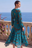 Robe midi fleurie asymétrique à manches longues en velours en A-Line à col en V