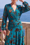 Robe midi fleurie asymétrique à manches longues en velours en A-Line à col en V
