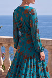 Robe midi fleurie asymétrique à manches longues en velours en A-Line à col en V