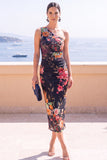 Robe midi bodycon à une épaule en fleur bleue