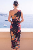 Robe midi bodycon à une épaule en fleur bleue