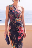 Robe midi bodycon à une épaule en fleur bleue