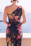 Robe midi bodycon à une épaule en fleur bleue