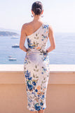 Robe midi bodycon à une épaule en fleur bleue