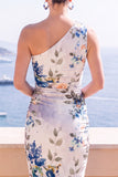 Robe midi bodycon à une épaule en fleur bleue