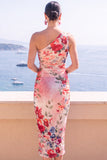 Robe midi bodycon à une épaule en fleur bleue