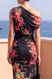 Robe midi froncée à une épaule café bodycon fente