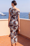 Robe midi froncée à une épaule café bodycon fente