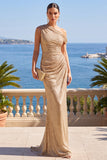 Champagne sirène à une épaule et longue robe formelle froncée avec des sequins