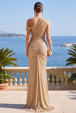 Champagne sirène à une épaule et longue robe formelle froncée avec des sequins