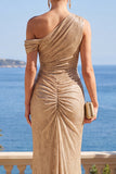 Champagne sirène à une épaule et longue robe formelle froncée avec des sequins