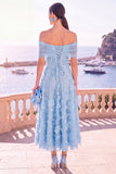 Robe midi bleue ligne A à épaules dénudées avec dentelle au dos, robe invitée mariage