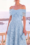 Robe midi bleue ligne A à épaules dénudées avec dentelle au dos, robe invitée mariage