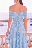 Robe midi bleue ligne A à épaules dénudées avec dentelle au dos, robe invitée mariage