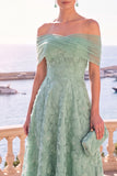 Robe midi bleue ligne A à épaules dénudées avec dentelle au dos, robe invitée mariage