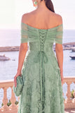 Robe midi bleue ligne A à épaules dénudées avec dentelle au dos, robe invitée mariage
