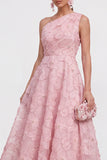 Robe midi bleue ligne A à une épaule avec fleurs et perles, robe invitée mariage