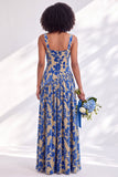 Corset en velours à col carré Fleurie Bleue, longue robe de demoiselle d’honneur et fête